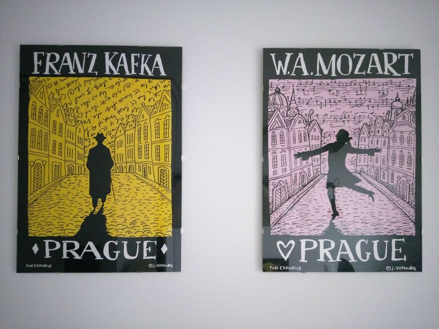 Plakaty J. Votruby: Franz Kafka i W.A. Mozart.