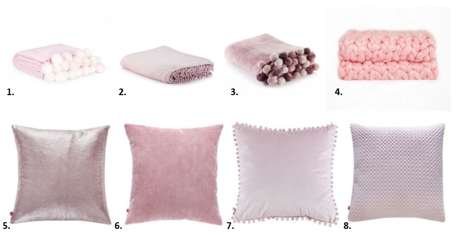 Różowe koce m.in. z pomponami oraz różowe poduszki gładkie i we wzory.