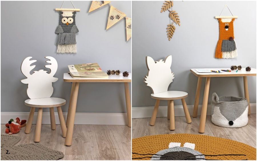 Krzesła do pokoju dziecka w kształcie leśnych zwierząt: łosia i lisa.